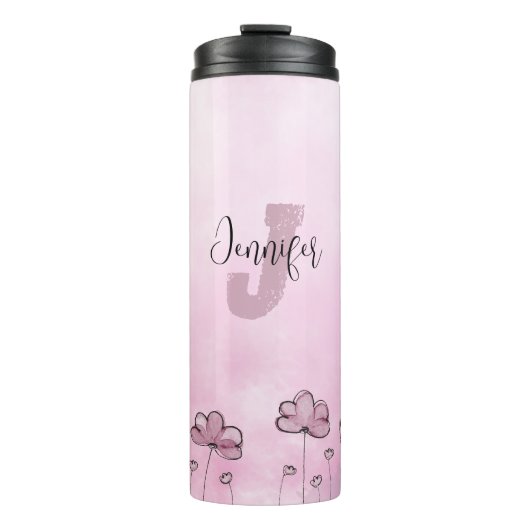 Dusty Pink Paars  meisje Floral Monogram Thermosbeker (Voorkant)
