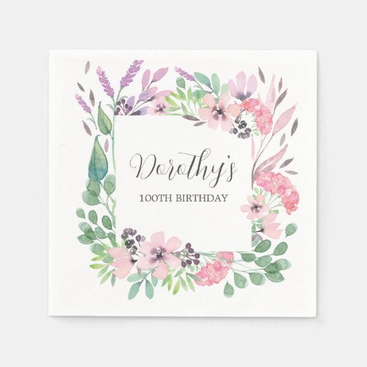 Dusty Pink Paars Wildflower 100th Birthday Party Servet (Voorkant)