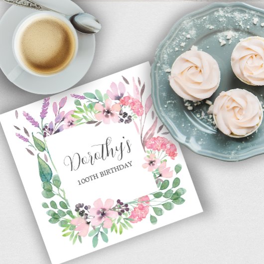 Dusty Pink Paars Wildflower 100th Birthday Party Servet