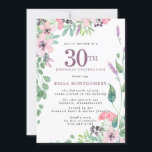 Dusty Pink Paars Wildflower 30th Birthday Kaart<br><div class="desc">Eer een speciale vrouw met deze elegante en vrouwelijke 30th Birthday party uitnodiging. De 30ste is geschreven in een grote stoffige paarse tekst. De viering van de verjaardag volgt. De naam van de geëerde gast staat ook in blauwe hoofdletters. De verjaardagsfeestdetails zijn omringd door paarse en roze landweide wildbloemen. De...</div>