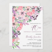 Dusty Pink Paars Wildflower 40th Birthday Kaart (Voorkant / Achterkant)