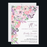 Dusty Pink Paars Wildflower 40th Birthday Kaart<br><div class="desc">Eer een speciale vrouw met deze elegante en vrouwelijke 40th Birthday party uitnodiging. De 40ste is geschreven in grote stoffige paarse tekst. De viering van de verjaardag volgt. De naam van de vereerde gast is ook in stoffige paars. De verjaardagsfeestdetails zijn omringd door paarse en roze landweide wildbloemen. De bloemelementen...</div>