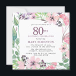 Dusty Pink Paars Wildflower 80th Birthday Kaart<br><div class="desc">Eer een speciale vrouw met deze elegante en vrouwelijke 80th Birthday party uitnodiging. De 80ste is geschreven in grote stoffige paarse tekst. De viering van de verjaardag volgt. De naam van de geëerde gast staat ook in paarse hoofdletters. De verjaardagsfeestdetails zijn omringd door paarse en roze landweide wildbloemen. De bloemelementen...</div>