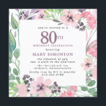 Dusty Pink Paars Wildflower 80th Birthday Kaart<br><div class="desc">Eer een speciale vrouw met deze elegante en vrouwelijke 80th Birthday party uitnodiging. De 80ste is geschreven in grote stoffige paarse tekst. De viering van de verjaardag volgt. De naam van de geëerde gast staat ook in paarse hoofdletters. De verjaardagsfeestdetails zijn omringd door paarse en roze landweide wildbloemen. De bloemelementen...</div>