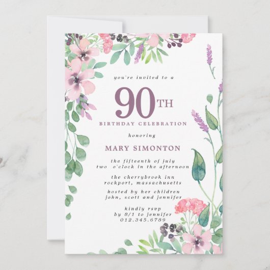 Dusty Pink Paars Wildflower 90th Birthday Kaart (Voorkant)