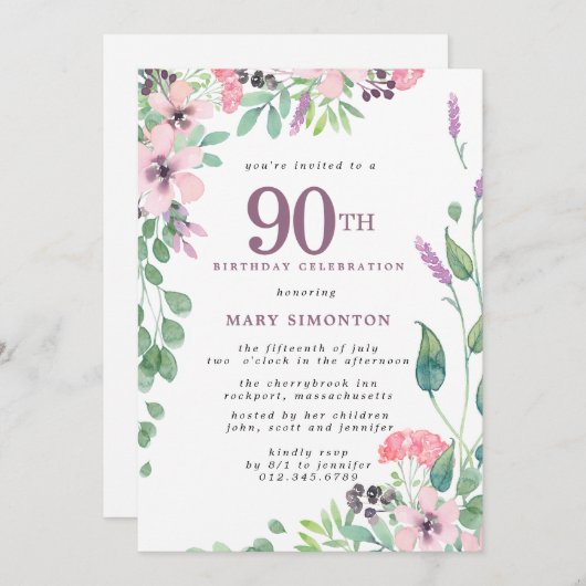 Dusty Pink Paars Wildflower 90th Birthday Kaart (Voorkant / Achterkant)