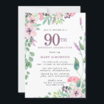 Dusty Pink Paars Wildflower 90th Birthday Kaart<br><div class="desc">Eer een speciale vrouw met deze elegante en vrouwelijke 90th Birthday party uitnodiging. Het 100ste is geschreven in een grote stoffige paarse tekst. De viering van de verjaardag volgt. De naam van de geëerde gast staat ook in blauwe hoofdletters. De verjaardagsfeestdetails zijn omringd door paarse en roze landweide wildbloemen. De...</div>