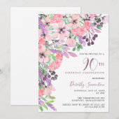 Dusty Pink Paars Wildflower 90th Birthday Kaart (Voorkant / Achterkant)