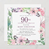 Dusty Pink Paars Wildflower 90th Birthday Kaart (Voorkant / Achterkant)