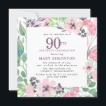 Dusty Pink Paars Wildflower 90th Birthday Kaart<br><div class="desc">Eer een speciale vrouw met deze elegante en vrouwelijke 90th Birthday party uitnodiging. De 90ste is geschreven in grote stoffige paarse tekst. De viering van de verjaardag volgt. De naam van de geëerde gast staat ook in paarse hoofdletters. De verjaardagsfeestdetails zijn omringd door paarse en roze landweide wildbloemen. De bloemelementen...</div>