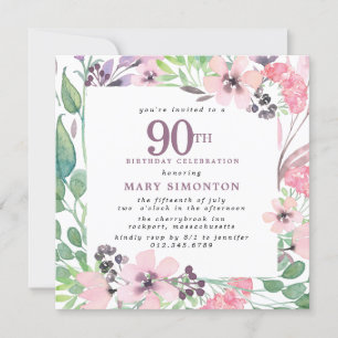 Dusty Pink Paars Wildflower 90th Birthday Kaart