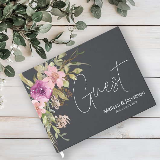 Dusty Pink Paarse Floral Elegant Wedding Gastenboek