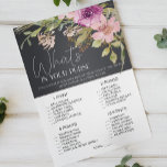 Dusty Pink Paarse Floral Game Wat in je tas Flyer<br><div class="desc">Wat zit er in je paarse vrijgezellenfeest spel? Waterverf stoffige roze en paarse bloemen op een houtskoolachtergrond. Overeenkomende objecten om je collectie te voltooien zijn beschikbaar in onze Zazzle winkel!</div>