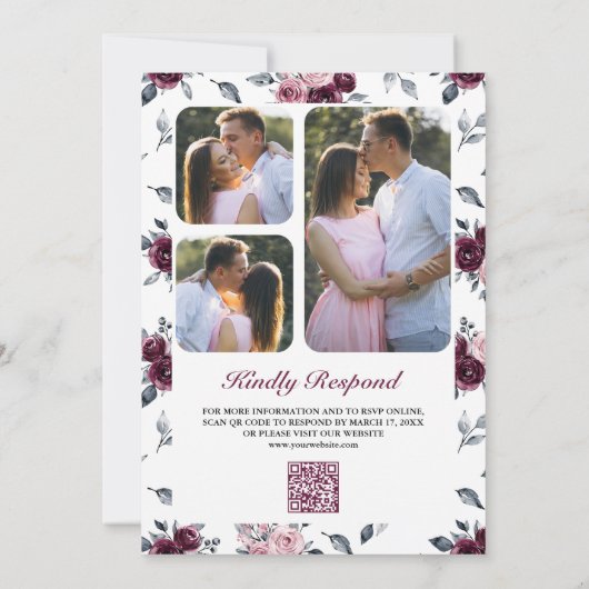 Dusty Pink Paarse Floral QR Code Weddenschap Kaart (Achterkant)