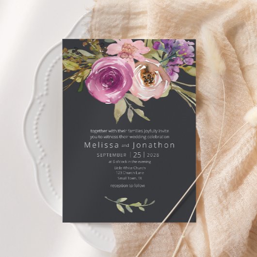 Dusty Pink Paarse Floral Wedding Kaart