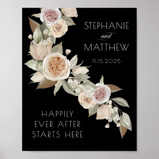 Dusty Pink Peach Flowy Botanical Black Wedding Poster (Voorkant)
