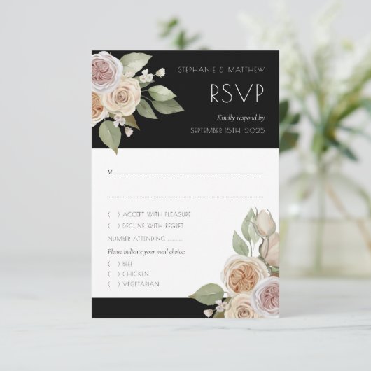 Dusty Pink Peach Roos Botanical Black Weddenschap RSVP Kaartje (Staand voorkant)