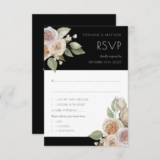 Dusty Pink Peach Roos Botanical Black Weddenschap RSVP Kaartje (Voorkant / Achterkant)