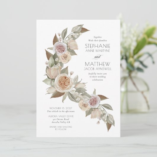Dusty Pink Peach Roos Flowy Botanical Wedding Kaart (Staand voorkant)