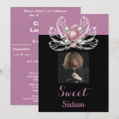 Dusty Pink Pearls Brooch Feathers & Photo Sweet 16 Kaart (Voorkant / Achterkant)