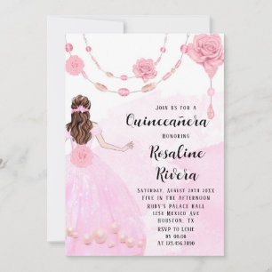Dusty Pink Pearls Flora Girl Quinceanera Birthday Kaart