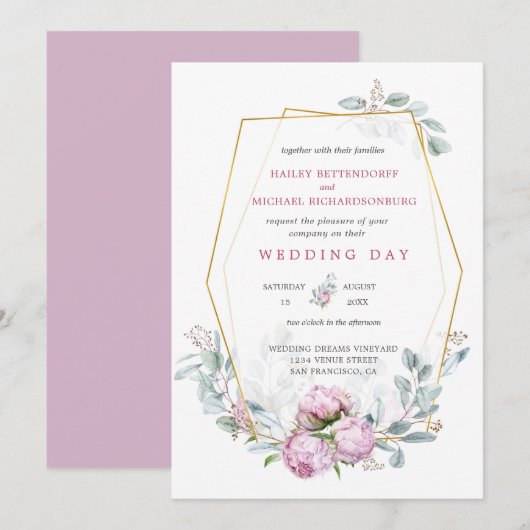 Dusty Pink Peonies Geometric Gold Lijst Wedding Kaart (Voorkant / Achterkant)