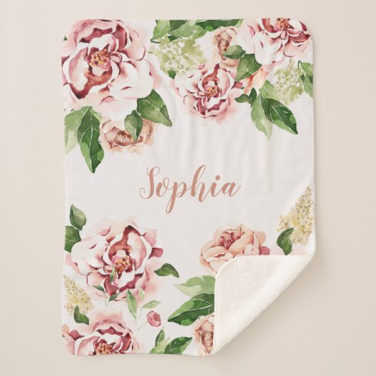 Dusty Pink Peony Floral Girl Name Baby Sherpa Deken (Voorkant)
