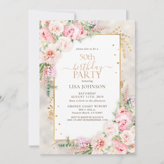 Dusty Pink Peony Floral Gold Shimmer 50e verjaarda Kaart (Voorkant)