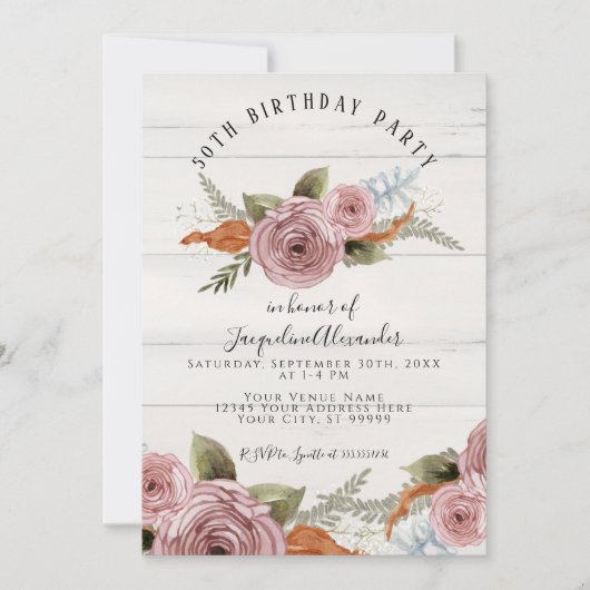 Dusty Pink Peony Floral Rustic Wood Birthday Party Kaart (Voorkant)