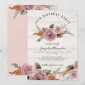 Dusty Pink Peony Floral Rustic Wood Birthday Party Kaart (Voorkant / Achterkant)