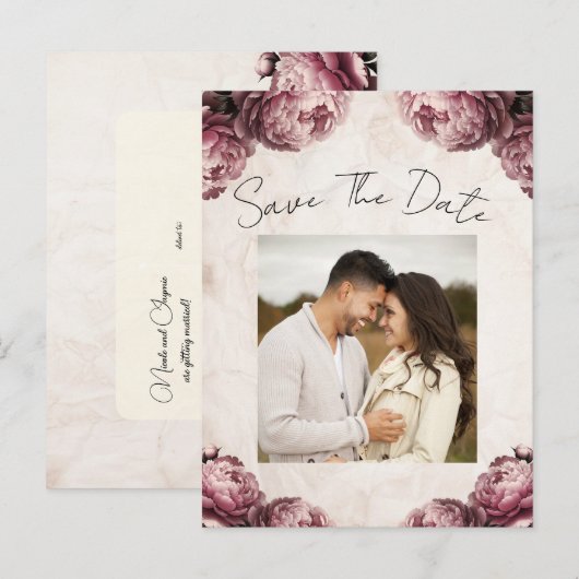Dusty Pink Peony Flowers Save the Date Aankondigingskaart (Voorkant / Achterkant)