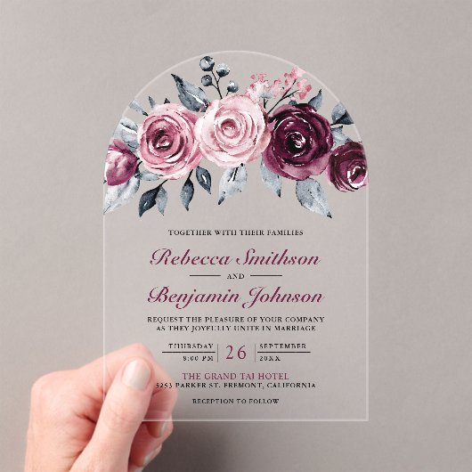 Dusty Pink Plum Purple Floral Wedding Acryl Uitnodigingen (Insitu (Draagbaar))