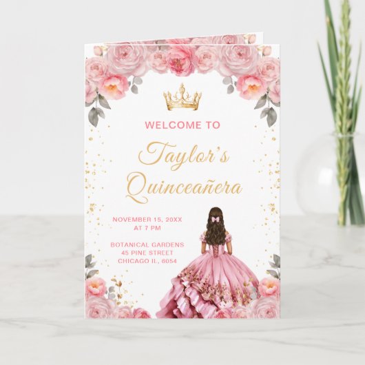 Dusty Pink Princess Floral Quinceañera Programma (Voorkant)