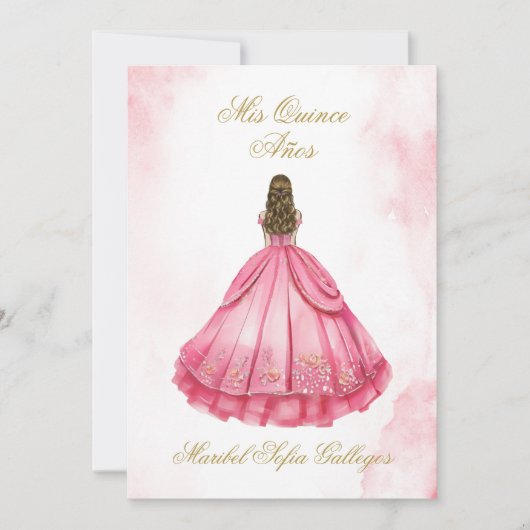 Dusty Pink Quinceanera uitnodiging in het Spaans (Voorkant)