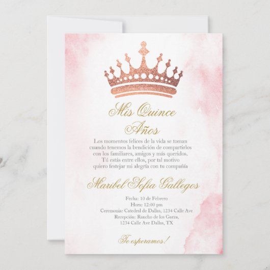 Dusty Pink Quinceanera uitnodiging in het Spaans (Achterkant)