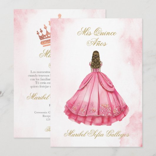 Dusty Pink Quinceanera uitnodiging in het Spaans (Voorkant / Achterkant)