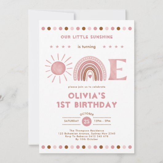 Dusty Pink Rainbow & Sunshine Girl 1ste verjaardag Kaart (Voorkant)