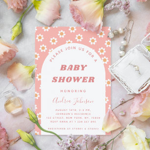 Dusty Pink Retro Daisy Pattern Girl Baby shower Kaart