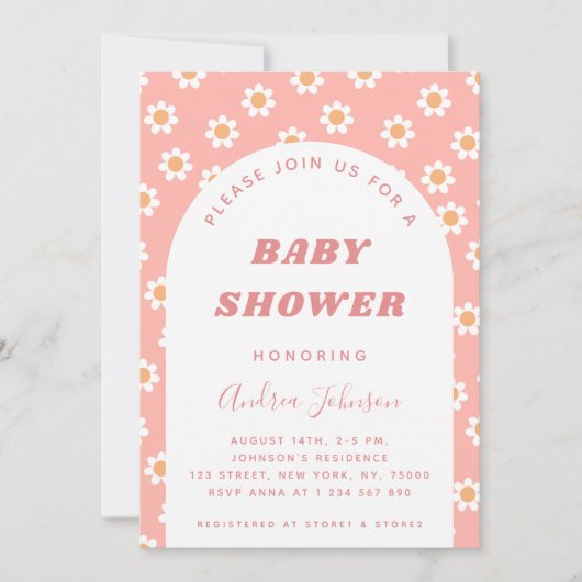 Dusty Pink Retro Daisy Pattern Girl Baby shower Kaart (Voorkant)