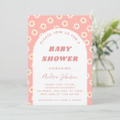 Dusty Pink Retro Daisy Pattern Girl Baby shower Kaart (Staand voorkant)