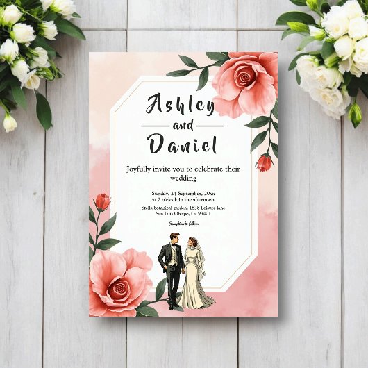Dusty Pink Romantic Bride And Groom Floral Wedding Kaart