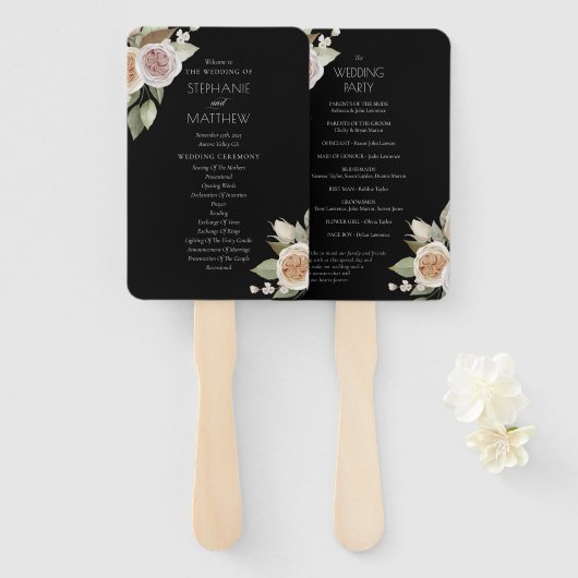 Dusty Pink Roos Floral Black Wedding Programme Handwaaier (Voorkant en achterkant)