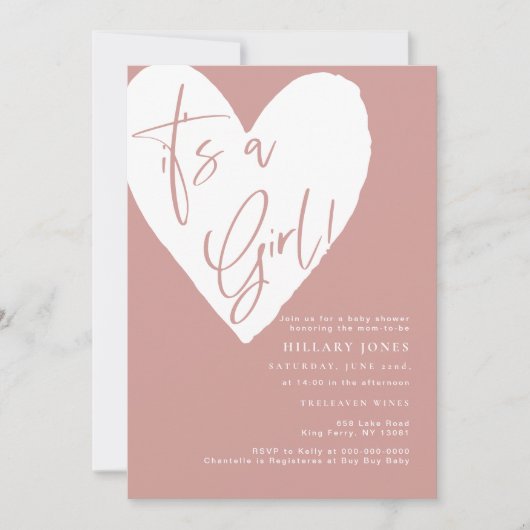 Dusty Pink / Roos Het is een meisje hart Baby show Kaart (Voorkant)