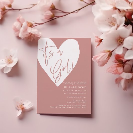 Dusty Pink / Roos Het is een meisje hart Baby show Kaart