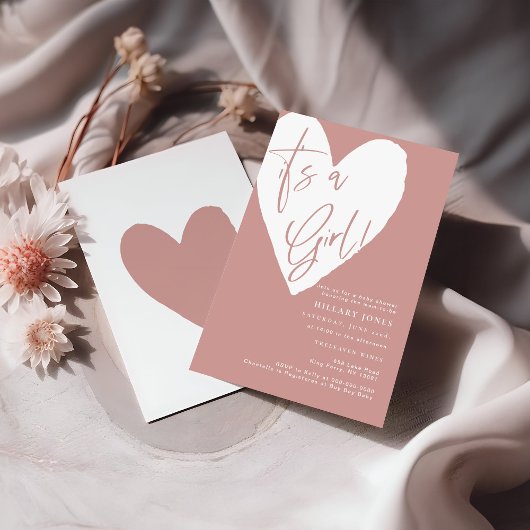 Dusty Pink / Roos Het is een meisje hart Baby show Kaart