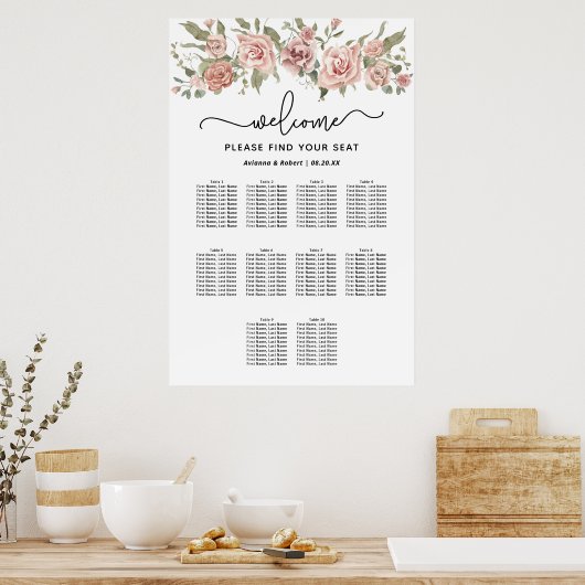 Dusty Pink Rose 10-Tafel Trouwstoelkaart Poster (Keuken)