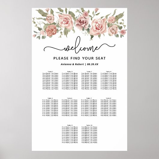 Dusty Pink Rose 10-Tafel Trouwstoelkaart Poster (Voorkant)