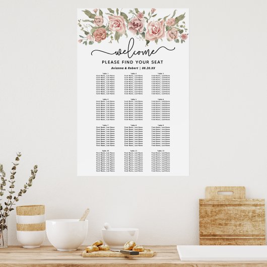 Dusty Pink Rose 12-Tafel Trouwstoelkaart Poster (Keuken)