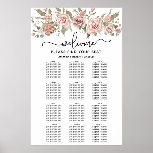 Dusty Pink Rose 12-Tafel Trouwstoelkaart Poster (Voorkant)