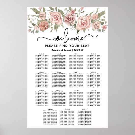 Dusty Pink Rose 15-Tafel Trouwstoelkaart Poster (Voorkant)